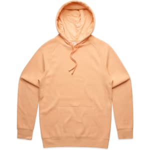 A peach-coloured hoodie featuring a front pocket and a drawstring hood, with a logo on the front.