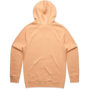 A plain peach-coloured hoodie with a hood and raglan sleeves, featuring a small logo on the back.