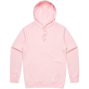 A pink hoodie with a front pocket and a hood, featuring a logo on the chest area.