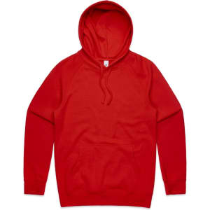 A red hoodie featuring a kangaroo pocket and a hood. The garment has long sleeves and a logo.