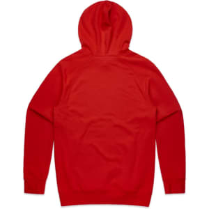 A red hoodie with a hood and long sleeves, featuring raglan sleeves and a seamless back design.