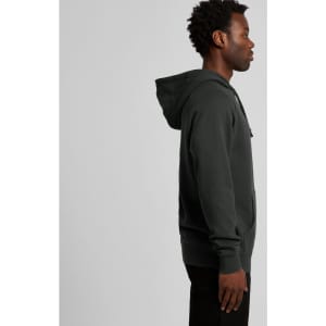 A dark green hoodie is displayed on a model, featuring a kangaroo pocket and a drawstring hood.