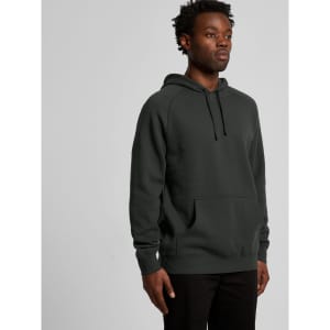 A dark green hoodie with a kangaroo pocket and a drawstring hood, displayed on a model.