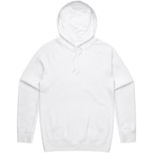 A white hoodie with a front pocket and a drawstring hood, featuring a logo on the front.