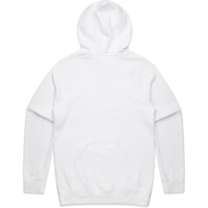 A white hoodie with a front pocket and a large hood, featuring a logo on the back.