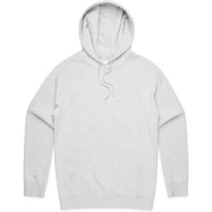 A grey hoodie featuring a front pocket and a drawstring hood, with a logo on it.