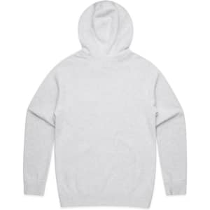 A grey hoodie with a snug hood and long sleeves, featuring a branding logo.