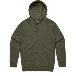 An olive green hoodie with a front pocket and a drawstring hood, featuring a logo.