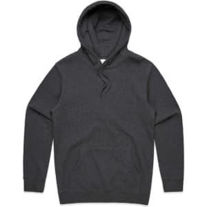 A grey hoodie featuring a front pocket and a drawstring hood, with a branded logo.