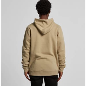 A beige hoodie with a front kangaroo pocket and a hood, featuring a logo on the back.