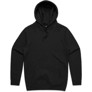 A black hoodie with a pouch pocket and a hood, featuring a logo on one side.