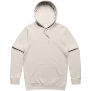 A beige hoodie with a front pocket and a drawstring hood, featuring a logo on one side.