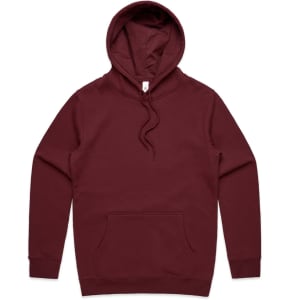 A maroon hoodie with a front pocket and a hood, featuring a subtle logo.