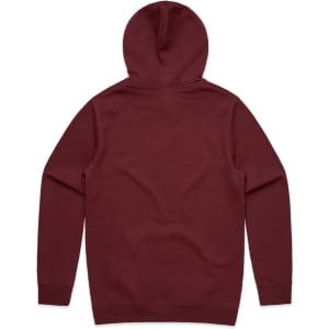 A burgundy hoodie featuring a hood and long sleeves, displaying a plain back view. It has a branding logo.