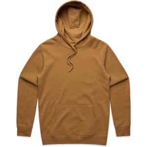 A brown hoodie with a front pocket and an adjustable hood, featuring a logo.