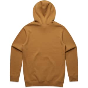 A brown jumper with a hood, featuring long sleeves and a plain back. It has a logo on it.
