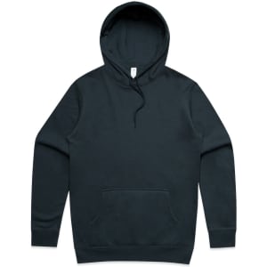 A dark navy hoodie featuring a front pocket and a drawstring hood, with a small logo on the label.