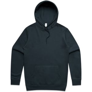 A dark green hoodie featuring a front pocket and a drawstring hood, with a branding label inside.
