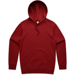 A red hoodie with a hood and a front pocket, featuring a logo on the design.