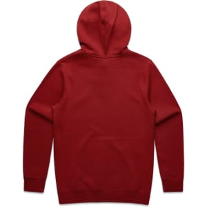 A red hoodie with a hood and long sleeves, featuring a plain back design and a logo.