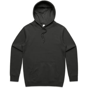 A black hoodie featuring a front pocket and a drawstring hood. It has a logo on the front.