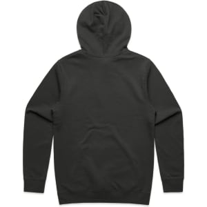 A dark grey hoodie featuring a hood and long sleeves, showcasing a plain back view.