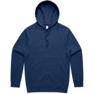 A navy blue hoodie with a front pocket and a hood, featuring a logo on the inside label.