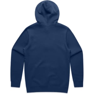 A navy blue hoodie featuring a back view and a hood. It has a simple, unembellished design and includes a branding logo.