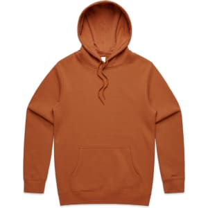 A brown hoodie with a front pocket and a drawstring hood. It has a logo on one side.