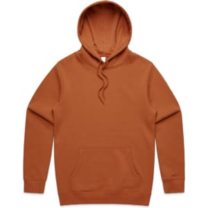 A brown hoodie with a kangaroo pocket and a drawstring hood, featuring a logo on the garment.