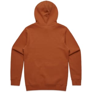 A brown hoodie featuring a back view with a hood, made from a soft fabric. It includes a logo on the back.