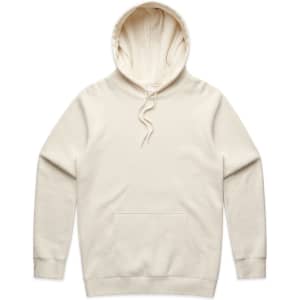 A light cream hoodie featuring a front pocket and a drawstring hood. The garment has a subtle logo on it.