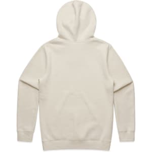 A cream-coloured hoodie with a hood and long sleeves, featuring a back view and a subtle branding logo.