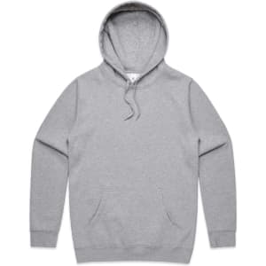 A grey hoodie with a drawstring hood and a front pocket, featuring branding.