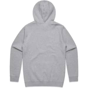 A grey hoodie featuring a hood and long sleeves, with a plain back and a logo.