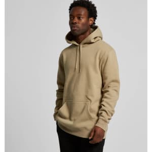 A beige hoodie with a front pocket and drawstring hood, featuring a logo.