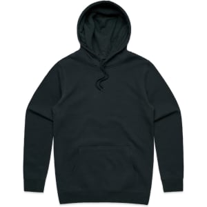 A black hoodie with a front pocket and a drawstring hood. It features a logo on the design.