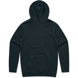 A dark green hoodie with a hood, featuring long sleeves and a simple design. It has a logo on the back.