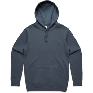 A grey hoodie featuring a front pocket and a drawstring hood. The product includes a logo.