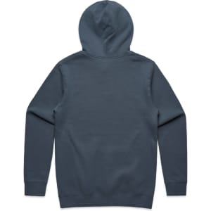 A grey hoodie featuring a hood and long sleeves, with a simple design and branding on the back.