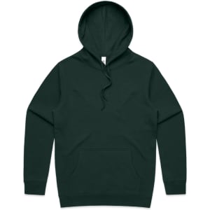 A dark green hoodie with a front pocket and a drawstring hood. It features a small logo on the label.