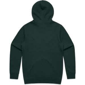 A dark green hoodie with a hood, featuring a plain back. It has a logo on it.