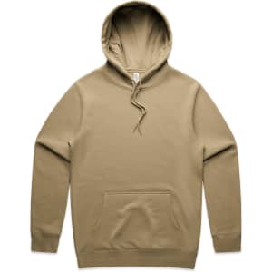 A tan hoodie featuring a kangaroo pocket and an adjustable drawstring hood, with a logo present.