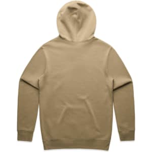 A tan hoodie featuring a hood and long sleeves, displayed from the back. It has a logo on the garment.