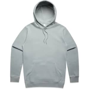 A light green hoodie with a front pocket and a drawstring hood, featuring a logo on the chest.