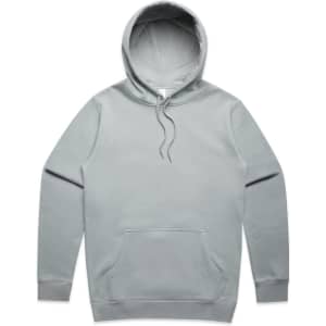 A grey hoodie with a front pocket and a large hood, featuring a logo on the label.