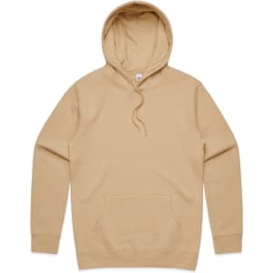 A beige hoodie featuring a front pocket and a drawstring hood. It has a branded logo on it.
