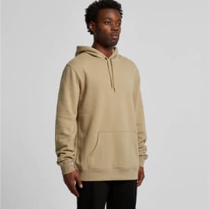 A beige hoodie featuring a front pocket and a hood, with a branding logo visible on the garment.