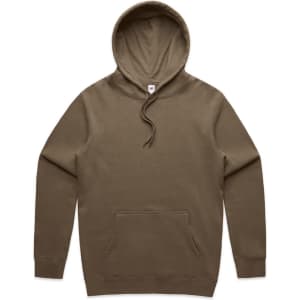 A brown hoodie featuring a front pocket and a drawstring hood. It has a branding logo.