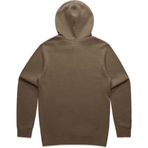 A brown hoodie with a hood, featuring a plain back design. It includes a logo at the base.